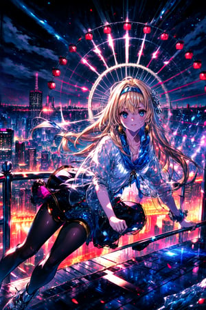 masterpiece,best quality,highres,cinematic lighting,dramatic angle,1girl,, blue eyes,blonde hair,hairband,portrait,blue shawl,fur-trimmed,coat,white shirt,blue skirt,tilted head,crowd,happy,shiny,Ferris wheel,skiing,skating,ice