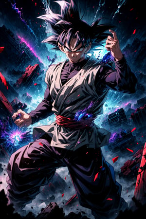 ((masterpiece, best quality)),(complex light),absurdres, highres, 1boy,solo,fighting stance, goku black,black hair,black eyes,blue fire destroyed debris background,smirk,