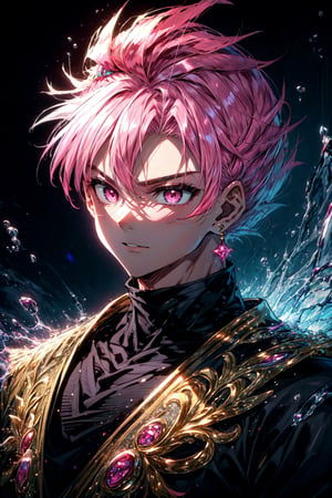 (masterpiece, best quality:1.2), intricate details, 8k uhd, soft lighting, 1boy, solo, spiked hair, pink hair, pink eyes, super saiyan, single earring, dougi