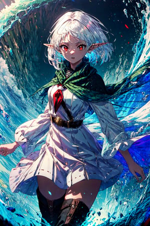 masterpiece, best quality , (red eyes:1.2), white hair, (Sylphiette:0.8), (short hair:0.8), white dress, long sleeves, elf ears, floating hair, short white European sundress with black trim, white puffy long sleeves, tan wicker belt , sailor collar black , white knee high boots , (green adventuring shawl:1.5), 4k, 8k , hyper-detailed, realistic light, unity, hard lighting, intricate details, stop motion, hyperfocus, tonemapping, sharp focus, hyper detailed, scary, zoom out, villian, colorful, beautiful, vibrant colors, intricate details, elegant, sharp focus,