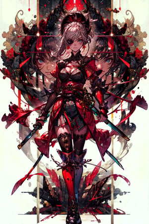 masterpiece, best quality, high resolution, Saber2, Advanced Clothing, 1girl, solo, weapon, holding, sword, dual wielding, holding sword, holding weapon, cleavage, hair ornament, eyepatch, looking at viewer, unsheathed, standing, long hair, sheath, fire, collarbone, medium breasts, swept bangs, autumn leaves, closed mouth, FGOMusashi:0.8