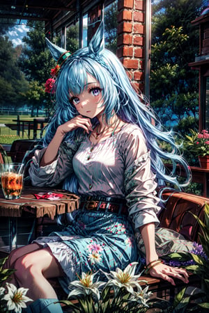 masterpiece, best quality, mejiro ardan \(umamusume\), sitting, table, from side, looking to the side, field of flower, jewelry, necklace, long sleeves, white shirt, belt, necklace, blue skirt, long skirt, floral print,