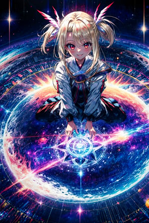 masterpiece,best quality,1girl,ZweiFrom,Illya Final Form,twintails,very long hair,smile,magic circle,dynamic pose,outer space,