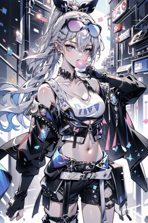 masterpiece, best quality, SilverwolfV5, 1girl, solo, looking at viewer, shirt, hair ornament, gloves, navel, cleavage, bare shoulders, jewelry, medium breasts, jacket, hair ribbon, white shirt, thighs, earrings, open clothes, shorts, sleeveless, choker, black gloves, hairclip, midriff, fingerless gloves, armpits, off shoulder, stomach, open jacket, crop top, sleeveless shirt, thigh strap, black shorts, sunglasses, fishnets, eyewear on head, open fly, micro shorts, bubble blowing, chewing gum, 