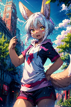 1girl, solo, furry, fluffy, brown fur, short hair, nanachi \(made in abyss\), animal ears, tail, yellow eyes, hoodie, shorts, t-shirt, hand on hip, :3, open mouth, standing, looking at viewer, outdoors, city 