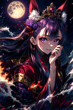 masterpiece,best quality,highres,cinematic lighting,dramatic angle,,1girl,animal ears,hair ornament,purple eyes,black hair,long hair,smile,parted lips,looking at viewer,japanese clothes,obi,wide sleeves,burning village,blood,hand on own cheek,red topwear,purple skirt,portrait,from below,moon,close-up