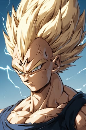 score_9, score_8_up, score_7_up,source_anime, Expressiveh, perfecteyes. Majin, muscle veins, flexed muscles, Vegeta wearing a black tank top and large camouflage pants, yellow lightning around the character, desert background, looking angry at the viewer