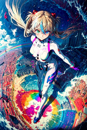 (masterpiece, best quality, detailed), 1girl, solo, from above, evil smile, full body, legs apart,  fisheye, outdoors, souryuu asuka langley, interface headset, heterochromia, rainbow order, white bodysuit