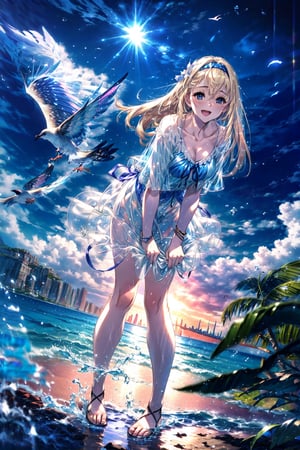 masterpiece,best quality,highres,cinematic lighting,dramatic angle,1girl,, blue eyes,blonde hair,hairband,portrait,seaside,pigeons,looking at viewer,smile,bent over,long skirt,lifting skirt,:d,closed-eyes,stepping on water,holding sandals,see-through,bare feet,beach