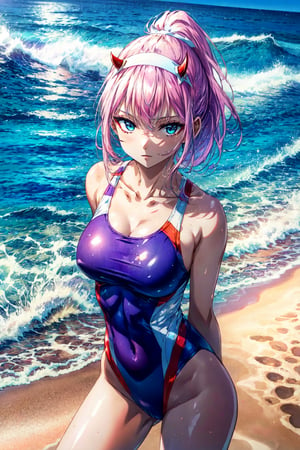 masterpiece, best quality, highres, ddzero2, long hair, ponytail, sidelocks, horns, hairband, collarbone, one-piece swimsuit, , beach, standing, cowboy shot, arms at sides,