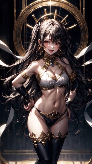 (masterpiece), high quality, detailed background, 1girl, solo,, ChopioIshtar, black hair, hair ribbon, very long hair, two side up, parted bangs, ahoge, red eyes, looking at viewer, navel, midriff,outfit_1, jewelry, crown, hoop earrings, neck ring, bare shoulders, white top, cleavage, armlet, single elbow glove, midriff, navel, black panties, asymmetrical legwear, uneven legwear, single thighhigh,smile, open mouth, happy, standing, hands on hips,