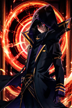 (masterpiece), high quality, highly detailed background, 1boy, solo, , ChopioKagenou, short hair, black hair, hair between eyes, hooded cloak, black coat, trench coat, black gloves, black pants, red eyes, glowing eyes, looking to side, from side,Circle