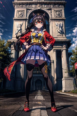 masterpiece, best quality, el condor pasa \(umamusume\), triumphal arch, the Arc de Triomphe, blue sky, cloud, sunlight, full body, standing, animal on shoulder, eagle on shoulder, hands on hip, domino mask, sailor collar, long sleeves, yellow shirt, buttons, red coat, open coat, belt, pleated skirt, blue skirt, miniskirt, black thighhighs, red footwear,aaelcondor,FFIXBG,LODBG, blue eyes