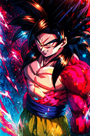 highres, HD quality, (best quality),((masterpiece)), vibrant colors, son goku, son goku gt,1boy,closed mouth, solo, super saiyan 4, dragon ball gt, yellow pants, black boots, blue ribbon, ((some red fur on arms and chest)), red saiyan tail, (very long hair), (red eyeliner),male focus, muscular, muscular male, pectorals, solo, spiked hair,((black hair)), (((pupils))),yellow eyes,standing,spiked hair, red aura, electricity, smile,upper body