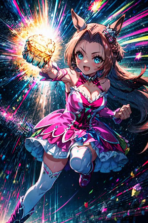 masterpiece, best quality, kawakami princess \(umamusume\), open mouth, smile, (eye trail, light trail:1.2), incoming punch, punching, ear ornament, pink dress, bare shoulders, cleavage, sleeveless dress, detached sleeves, pink sleeves, white thighhighs, pink footwear, boots