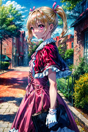 masterpiece, best quality, highres, hmbk1, 1girl, twintails, drill hair, long hair, pink eyes, red capelet, ribbon, white gloves, pink dress, frills, , outdoors, standing, cowboy shot,