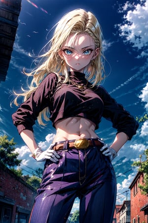 (extremely detailed CG unity 4k wallpaper),(masterpiece),(best quality),(ultra-detailed),(best illustration),(best shadow),(absurdres),(detailed background), Android 18, 1girl, solo, blonde hair, crop top, gloves, midriff, android 18, navel, jewelry, earrings, blue eyes, long hair, white gloves, hand on hip, cloud, belt, breasts, sky, pants, looking at viewer, signature, outdoors, day, blue sky, cloudy sky