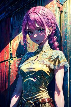 masterpiece, ((ultra detailed background, delicate pattern, intricate detail)), (highly detailed, fine details), best quality, beautiful lighting, (portrait), Rebecca, 1girl, solo, braid, pink hair, long hair, ((slim girl, medium breasts, cowboy shot)), 