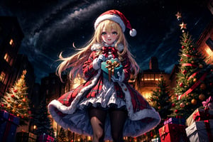 masterpiece,blonde hair, long hair,best quality,highres,cinematic lighting,dramatic angle,1girl,light blue hair,orange eyes,MiyakoChristmas,happy,,white and red dress,thick coat,fur trim,ribbons,bowtie,hat,pantyhose,gloves,holding gift box,christmas streetscape,christmas trees,stars,presenting gift box to viewer,:d,