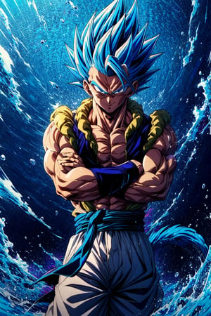 (masterpiece, best quality:1.2), , cowboy shot, solo, male focus, 1boy, gogeta, muscular male, smirk, looking at viewer, crossed arms, blue hair, blue eyes, vest, blue sash, white pants, wristband, tail, pectorals
