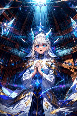 masterpiece,best quality,highres,1girl,,crystalized aura,beacon of light,in the confessional,blue eyes,praying,own hands together,church,white nun clothes,portrait,cowboy shot,holy light,silver hair ornaments,alternative2,evolved,looking at viewer,open mouth,questioning