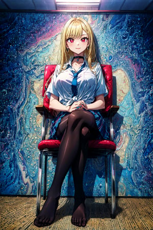 highres,(extremely detailed:1.2),masterpiece,best quality,light smile,(kitagawa marin:1.1),1girl,blonde hair,long hair,multicolored hair,(red eyes:0.9),jewelry,earrings,piercing,school uniform,white shirt,tied shirt,black choker,blue necktie,plaid skirt,(huge breasts:1.1),female high school students,(young girl:1.2),(black pantyhose:1.2),(no shoes:1.1),sexy,(extremely detailed face:1.1),slender_waist,(full body:1.1),(solo:1.2),(from_below:1.2),sitting_on_chair,(crossed legs:1.2),
