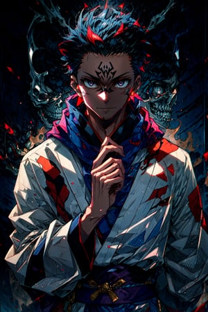 masterpiece,high quality,solo, patterned background, RyomenSukuna,1man, blue scarf,japanese clothes,white kimono,wide sleeves,long sleeves, obi, tabi,zouri, hell,shadow,shadowed face,skull,