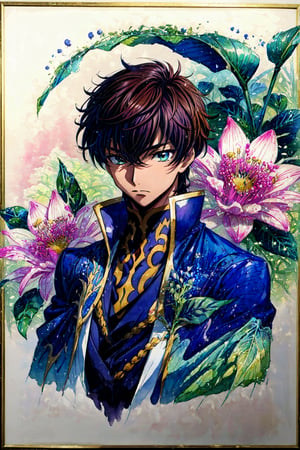 Botanical illustration, masterpiece, best quality, extremely detailed, watercolor, masterpiece, best quality, extremely detailed, 1boy, solo, upper body, suzaku_R2, looking at viewer, (Botanical illustration:1.5), blue_cape,