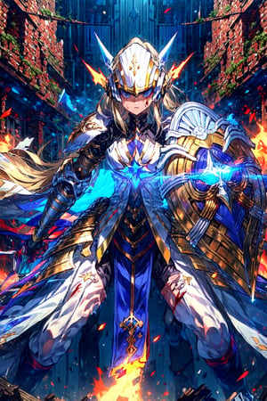 masterpiece,best quality, ,1 girl, she is holding a sword and shield,one knee on the ground, supporting herself with the sword to remain standing,Her determined gaze shines through a partially broken helmet,(half broken white helmet:1.2),(unevolved:1.3),(alternative1:1.3),from above,middle blue skirt,torn armor,broken armor,torn clothes,blood,half broken helmet,looking at viewer,(pov:1.2),in ruins,flame,burning,angry,unwillingly,helpless,struggling