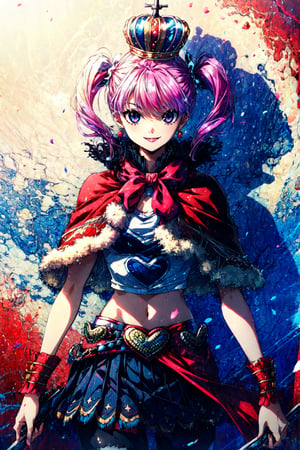 cheems_perona_v3, black eyes, disc-shaped eyes, cowboy shot, red capelet, smile, 