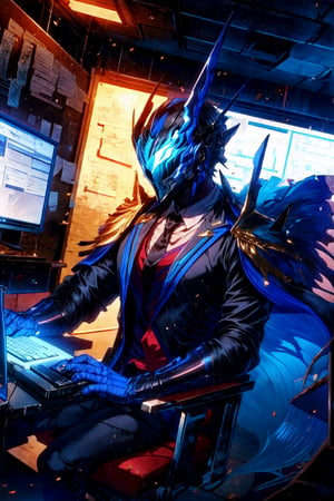 masterpiece,best quality,highres,cinematic lighting,dramatic angle,1boy,,helmet,cape,armor,black suit,necktie,cowboy shot,sitting on big office mobile chair,at office,keyboard,typing words with keyboard,laptop,coffee on table,office table,profile,gloves,monitor