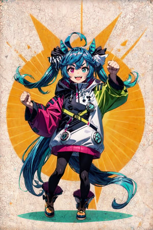 simple Background, Drop Shadow, Full Body, AATwin, Little Girl, Petite, Flat Chest, Heterochromia, @_@, V-Shaped Eyebrows, Smile, :d, Open Mouth, Sharp Teeth, Aqua Hair, Twintails, Crossed Bangs, Ahoge, Hair Ribbon, Hores Eares, Horse Tail, Hooded Coat, Hood Down, Layered Sleeves, Bodysuit, Stuffed Rabbit, Ankle Boots, Standing, Outstretched Arm, Arm, Up, Clenched Hands, Raised Fist, Looking At Viewer, Best Quality, Amazing Details, Brilliant Colorful Paintings ,Circle