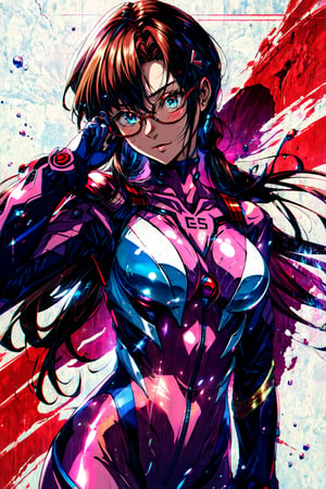 (masterpiece, best quality), 1girl,  makinami_mari_illustrious, glasses, plugsuit, bodysuit, red-framed eyewear, pink bodysuit