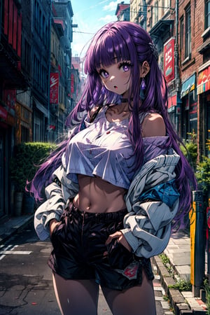 masterpiece, best quality, highres, aafern, long hair, purple hair, blunt bangs, purple eyes, large breasts, , collarbone, cropped jacket, underboob, crop top, off shoulder, shorts, highleg panties, :o, hands in pockets, street,