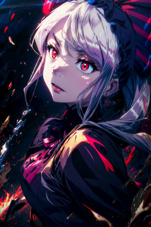 (score_9, score_8_up:1.1), score_7_up, score_6, Overlord anime style, BREAK (24 year old Shalltear Bloodfallen from overlord), vampire lady, goth Victorian dress, sleek silver hair with bow, red eyes, small ears, fang, lipstick, mascara, (very pale ghostly white skin), eye shadow, petite body, volumetric lighting, cinematic lighting, hyper realistic, detailed, shadows, sinister lighting, dramatic pose, dynamic, small tight butt, detailed face, intricate details, naturalism, hyperdetailed, wide shot dark cinematography, volumetric lighting, source lights,  , zPDXL (1),