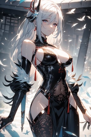 raidenshogundef, shenhe, Best quality, masterpiece, 2B, adsurdres, 4k, super sexy girl, beautiful, tall, mature, slim fit, perfect firm breasts, wearing a leather corset with bare breasts, futuristic, intricate, extremely detailed, professional lighting, photorealistic