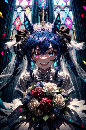 masterpiece, best quality, highres, aatwin, sharp teeth, horse tail, heterochromia, twintails, long hair, , wedding dress, white gloves, bouquet, smile, grin, church, confetti,