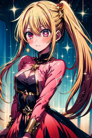 1girl, solo, , Hoshino Ruby, long hair, blonde hair, bangs, blush, red eyes, symbol-shaped pupils, (left star-shaped pupils:1.2), sparkling eyes, (star in left eye:1.2), symbol in eye, side ponytail, cowboy shot|★\[牛仔射擊\], day, (masterpiece:1.2), highres, best quality, 8k, very clear,