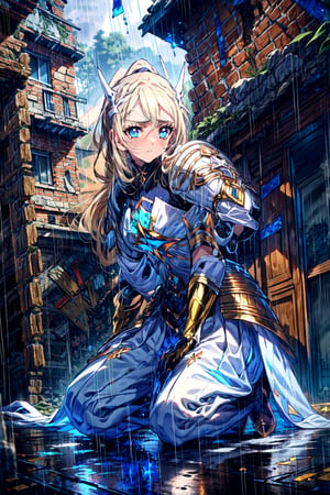 masterpiece,best quality,highres,1girl,,yellow eyes,alternative2,hair ornaments,white armor,middle blue skirt,blue eyes,(rain:1.3),in ruins,collapsed Medieval architecture,monochrome,portrait,kneeling,sad,looking at side,close-up,(depth of field:1.2),gradient background,despair