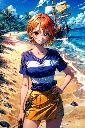  nami, 1girl, short hair, orange hair, solo, striped shirt, yellow skirt, looking at viewer, smile, brown eyes, upper body,hand on own hip,smile, score_9,beach,pirate ship score_8_up, score_7_up, score_6_up ,