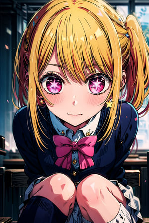 rubyhoshino, , ruby hoshino, (yellow hair:1.5), long hair, one side up, (pink eyes:1.5), sidelocks, (star-shaped pupils:1.5), (symbol-shaped pupils:1.5), (mismatched pupils:1.5),BREAK black vest, blue jacket, bow, bowtie, collared shirt, cropped jacket, jacket, kneehighs, long sleeves, pink bow, pink bowtie, pleated skirt, school uniform, shirt, skirt, socks, vest, white shirt, white socks, youtou high school uniform,BREAK looking at viewer,BREAK indoors, classroom,BREAK , (masterpiece:1.2), best quality, high resolution, unity 8k wallpaper, (illustration:0.8), (beautiful detailed eyes:1.6), extremely detailed face, perfect lighting, extremely detailed CG, (perfect hands, perfect anatomy),