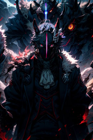 (best quality), (bfsks), male focus, (mask:1.2), (claws), (white fur), jacket, looking at viewer, horor \(theme\), body fur, cracked mask, torn clothes, ((monster))