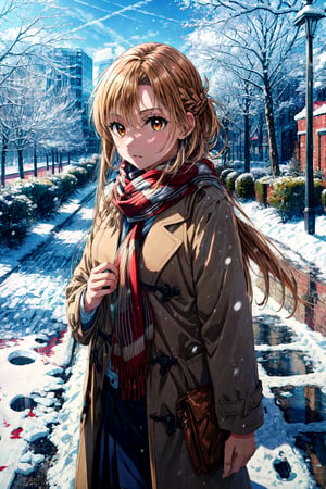 masterpiece, best quality, highres, aaasuna, long hair, brown hair, braid, brown eyes, , coat, scarf, winter clothes, snow, outdoors,