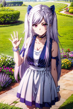 (masterpiece), high quality, highly detailed background, 1girl, solo, , ChopioAlexia, long hair, very long hair, white hair, sidelocks, swept bangs, red eyes, looking at viewer, twintails, two side up, hair bow, outfit_5, bare shoulders, blue dress, choker, black choker, sleeveless dress, arm ribbon, wrist cuff, collarbone, white belt, outdoors, garden, stone path, grass, fence, sun, sunny, sun sparkles, sun beams, standing, seductive smile, waving,