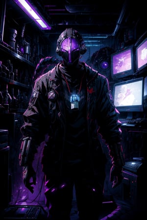 (best quality), 1boy with machine_Tail, solo, male focus, mask, black gloves, whistle, horror theme,(Gloves), darkness,machine, black theme, very detailed background,(amethyst),tungsten filament,cyberpunk,computer screen,(biopunk) Laboratory,8k,cute pose, 