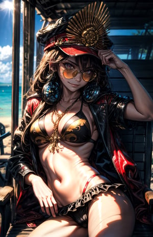 masterpiece,best quality,1girl,Berserker2,Nobu's Bikini,sunglasses,smirk,lying,beach chairs,beach,ocean,sunlight,,