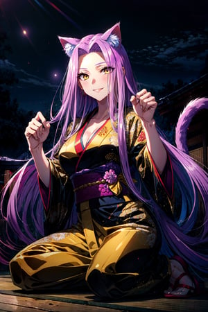 (masterpiece:1.4), (best quality:1.4), 1girl, , medusa (rider) (fate),long hair, medusa (fate), purple hair, solo, yellow eyes,large breasts, very long hair, night, (kimono 1.3), ((meditation)), (cat ears), paw pose, nice smile,