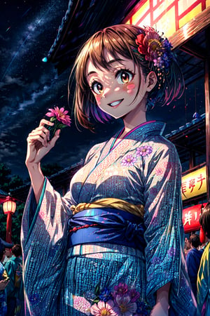 masterpiece, best quality, highres, hmochako, blush stickers, short hair, medium breasts, , kimono, yukata, hair flower, outdoors, night, floral print, summer festival, smile,