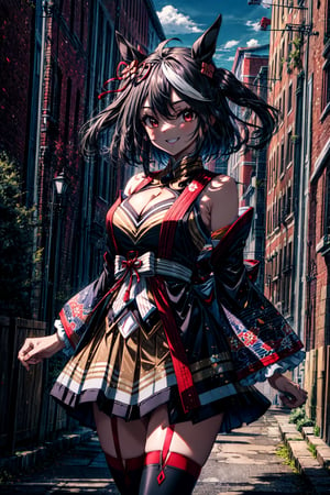 masterpiece, best quality, highres, aakitasan, animal ears, short hair, streaked hair, hair ornament, medium breasts, horse tail, cleavage, clothing cutout, detached sleeves, shimenawa, skirt, black thighhighs, , outdoors, smile, cowboy shot, standing, straight-on,