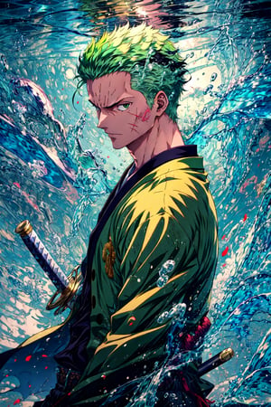 zoro, solo, looking at viewer, short hair, long sleeves, 1boy, jacket, upper body, weapon, male focus, japanese clothes, green hair, water, from side, scar, sheath, scar on face, sheathed, hair slicked back